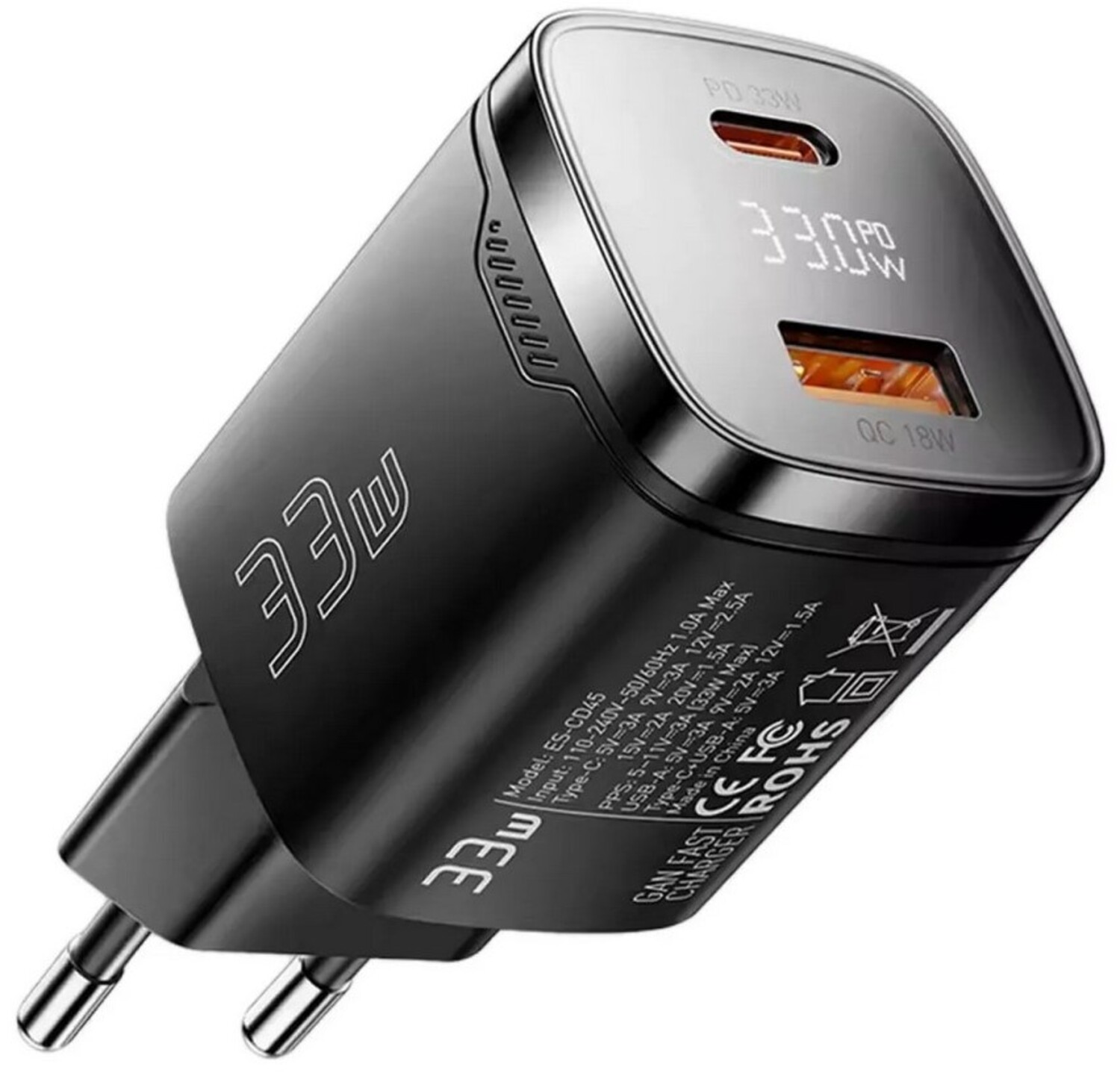 Мережевий зарядний пристрій Essager Gamet 33W GaN digital display A+C Black (ECT33W-GMB01-Z) - Фото 1