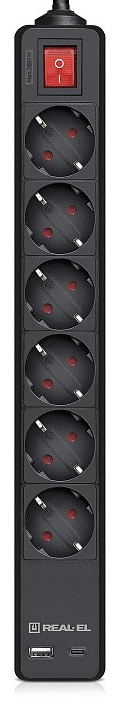 Мережевий фільтр REAL-EL RS-Protect 605 3 м Black (EL122300041) - Фото 1
