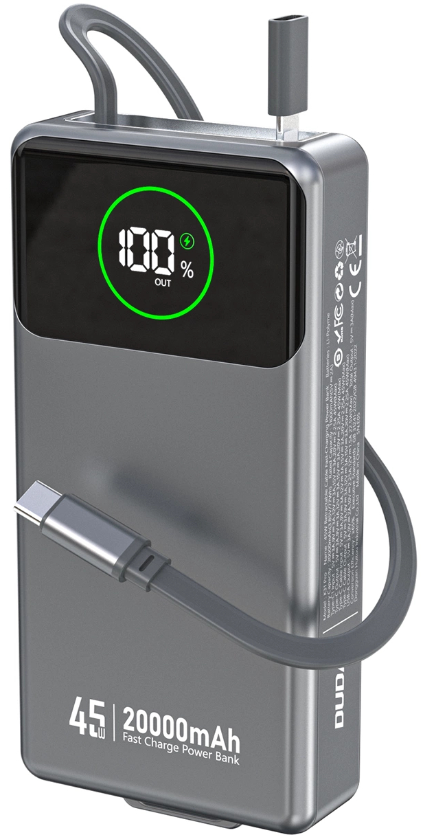 Батарея мобільна Dudao 20000mAh K31 Pro 45W PD,QC USB-A,USB-C In/Out,with built-in USB-C/Lightning cables Gray (6977196682010) - Фото 1