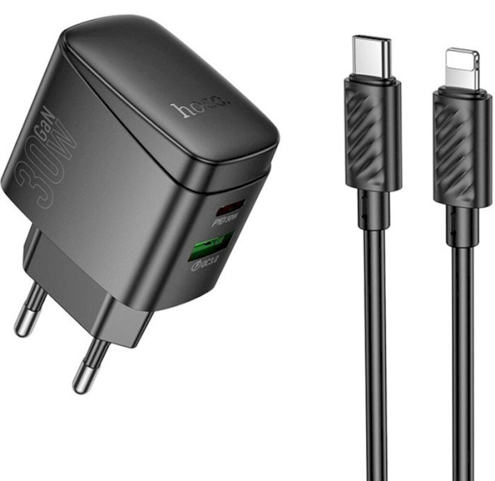 Сетевое зарядное устройство HOCO CS61A Bright PD30W+QC3.0 charger set (C to iP)(EU) Black (6942007638432) - Фото 1