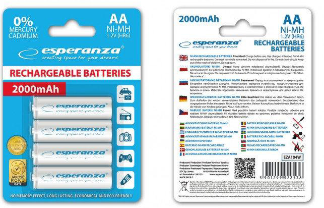 Аккумулятор тип AA Esperanza Ni-MH AA/HR06 2000 mAh BL 4шт White (EZA104W) - Фото 1