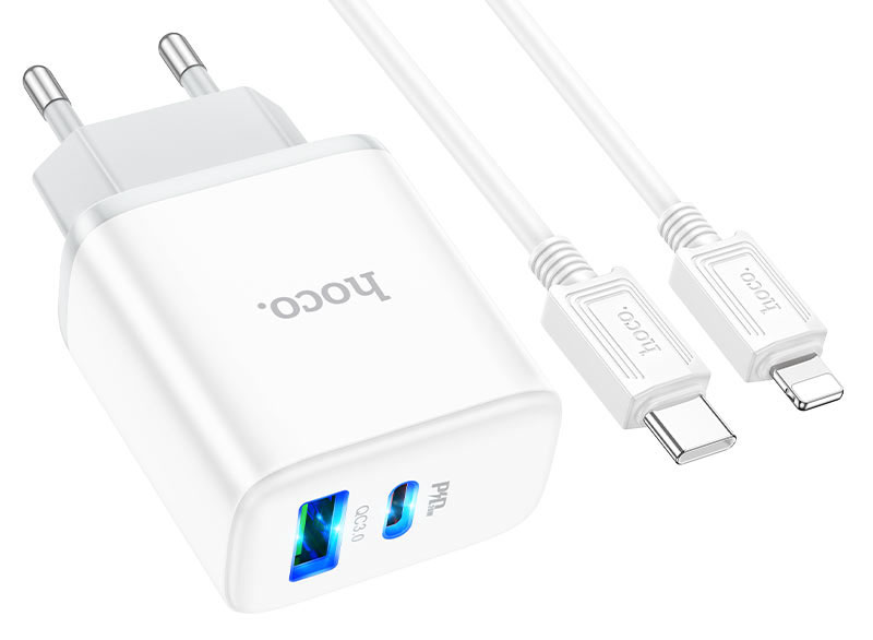 Сетевое зарядное устройство HOCO C105A PD20W+QC3.0 charger set (C to iP)(EU) White (6931474782939) - Фото 1