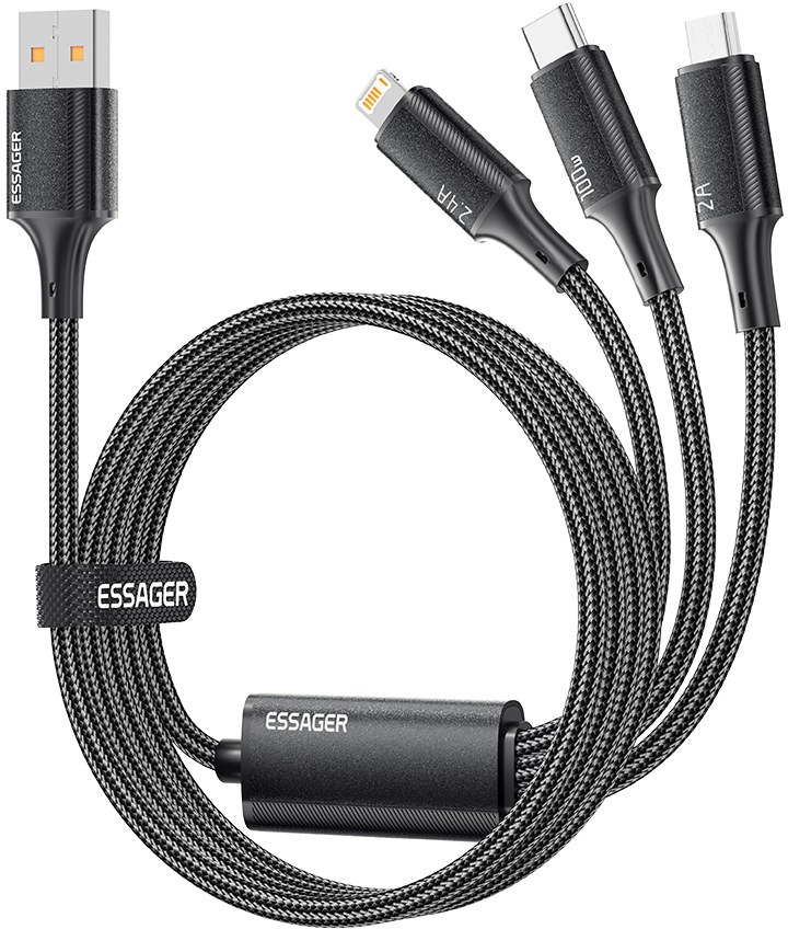Кабель синхронизации данных Essager Simple 3 in 1 Micro+Type-c+Lightning 100W USB Cable 1.2M (EXCMTL-JJ01-P) - Фото 1