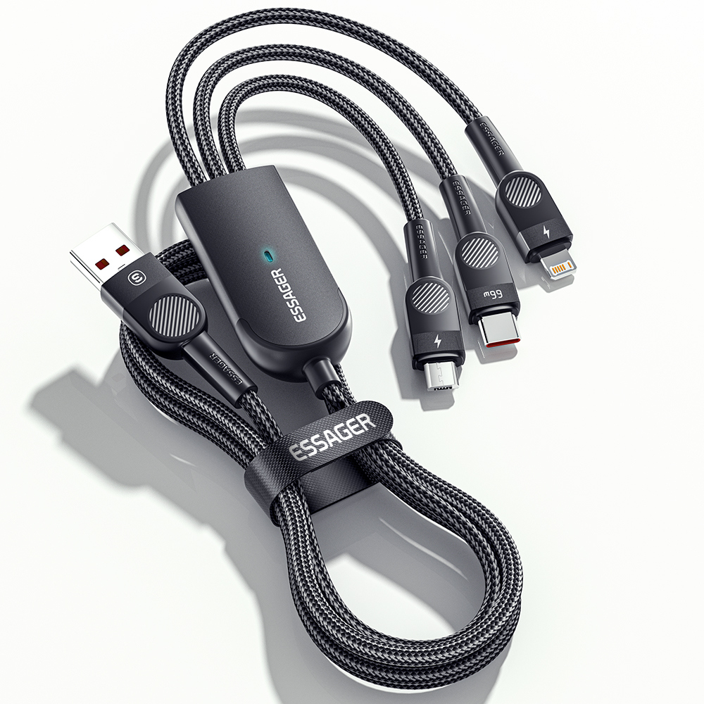 Кабель синхронизации данных Essager Swift 3-in-1 USB Cable 66W Micro+ Type C + Lightning 1.2m Black (EXCMTL-XJ01) - Фото 1