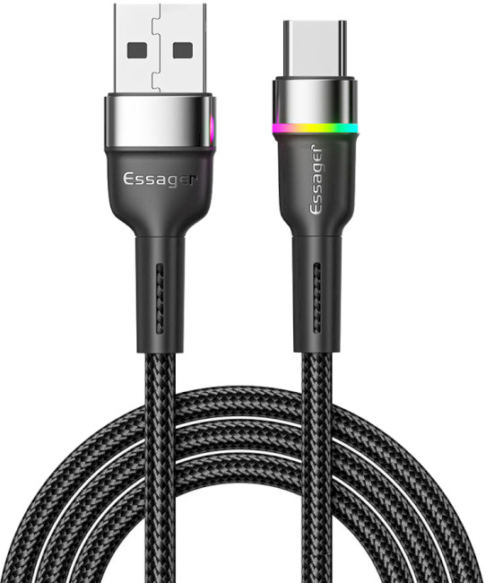 Кабель синхронізації даних Essager Colorful LED USB Cable Fast Charging 3A USB-A to Type C 1m Black (EXCT-XCD01) - Фото 1