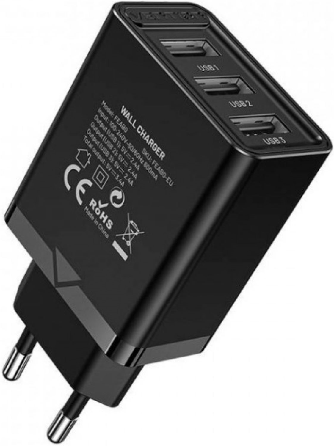 Сетевое зарядное устройство Vention 3xUSB A 12W Black (FEAB0-EU) - Фото 1