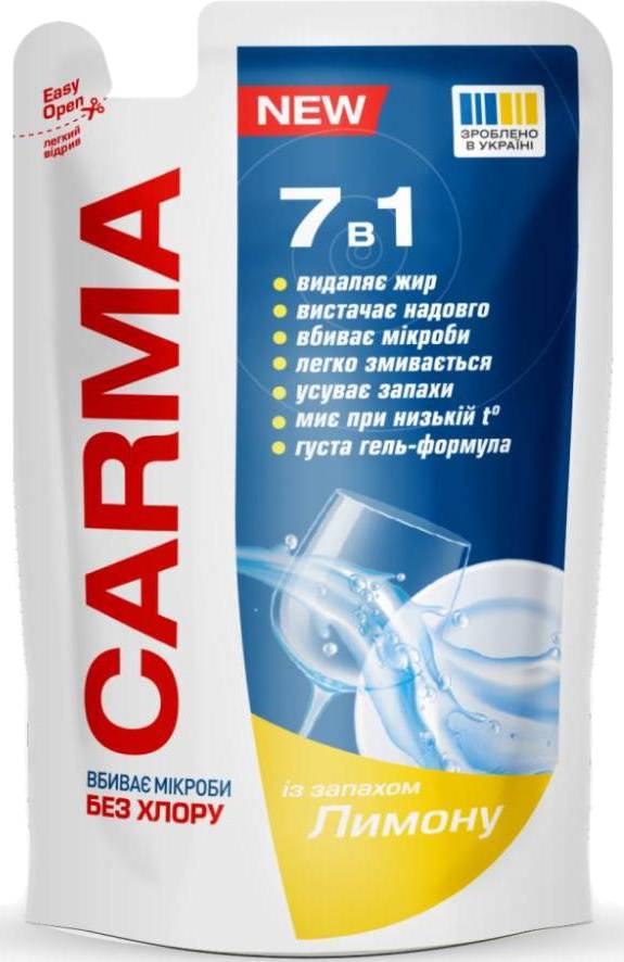 Средство для ручного мытья посуды Carma дой-пак 400 мл Лимон (4820204702212) - Фото 1