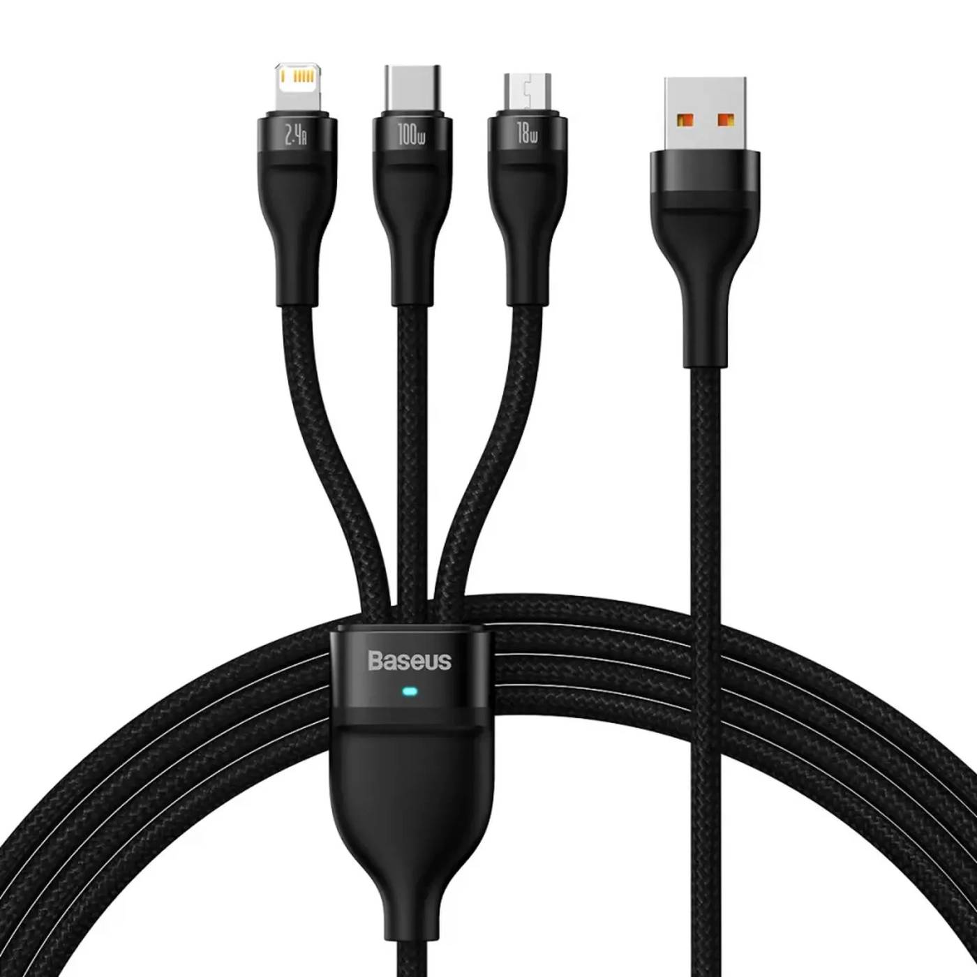 Кабель синхронизации данных Baseus Flash Series One-for-three Fast Charging Data Cable USB to M+L+C 100W 1.2m Black (CASS030001) - Фото 1