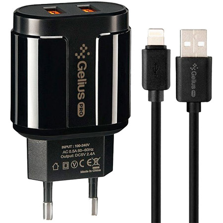 Сетевое зарядное устройство Gelius Pro Avangard GP-HC06 2USB 2.4A + Cable iPhone X Black - Фото 1