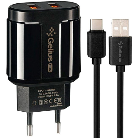 Мережевий зарядний пристрій Gelius Pro Avangard GP-HC06 2USB 2.4A + Cable Type-C Black - Фото 1