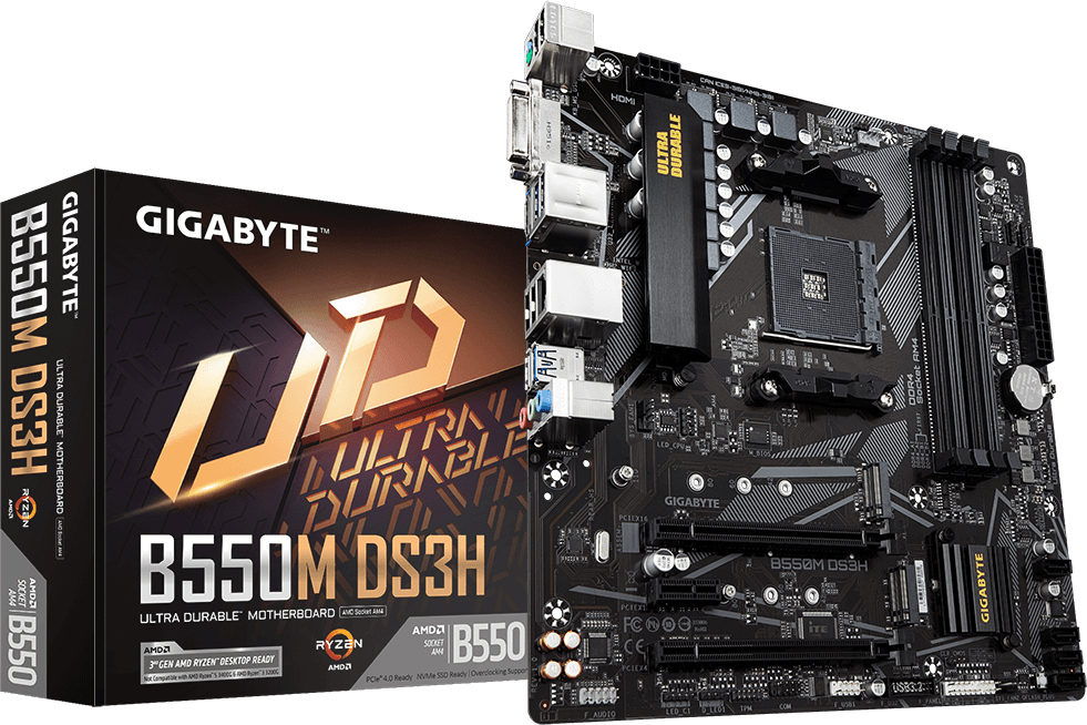 Материнская плата Gigabyte sAM4 AMD B550 4xDDR HDMI/DVI 2xM.2 (PCIe 4.0) USB 3.2 GbE LAN mATX (B550M DS3H) - Фото 1