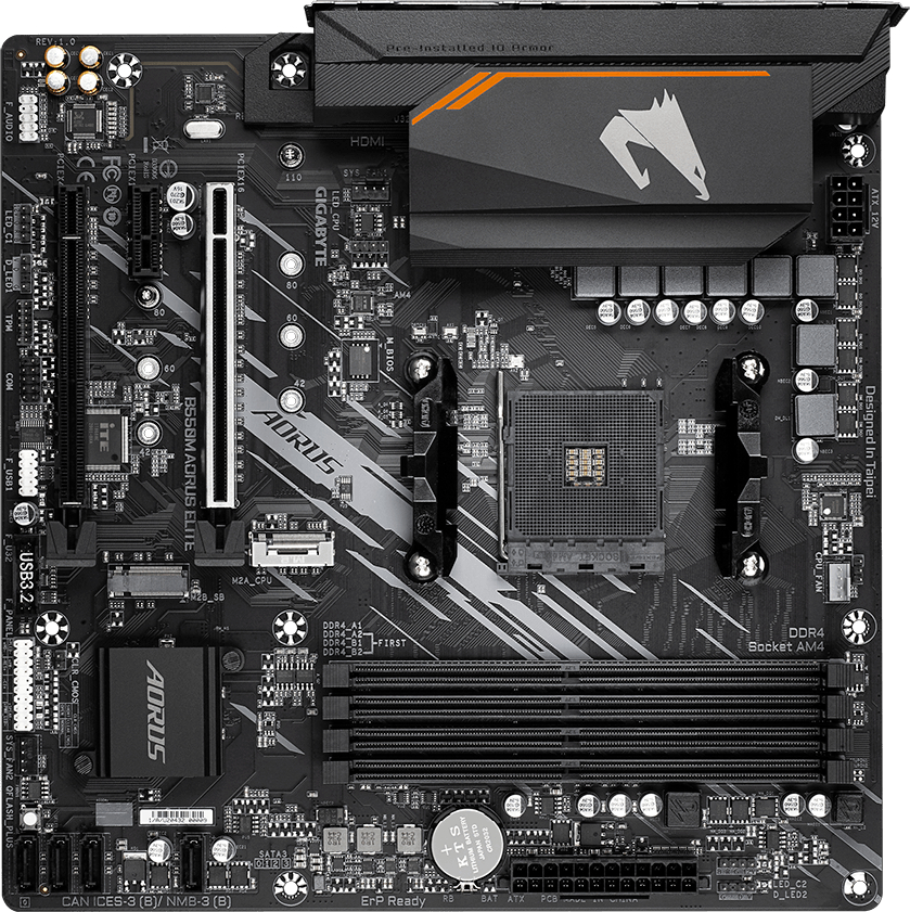 Материнская плата Gigabyte sAM4 AMD B550 4xDDR HDMI/DVI 2xM.2 (PCIe 4.0) USB 3.2 GbE LAN mATX (B550M AORUS ELITE) - Фото 1