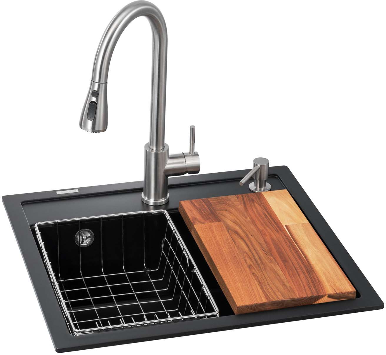 Мойка кухонная+смеситель GRANADO Basic Lerida black shine (+ Campo LUX inox + дозатор Redondo inox + корзина + доска) - Фото 1