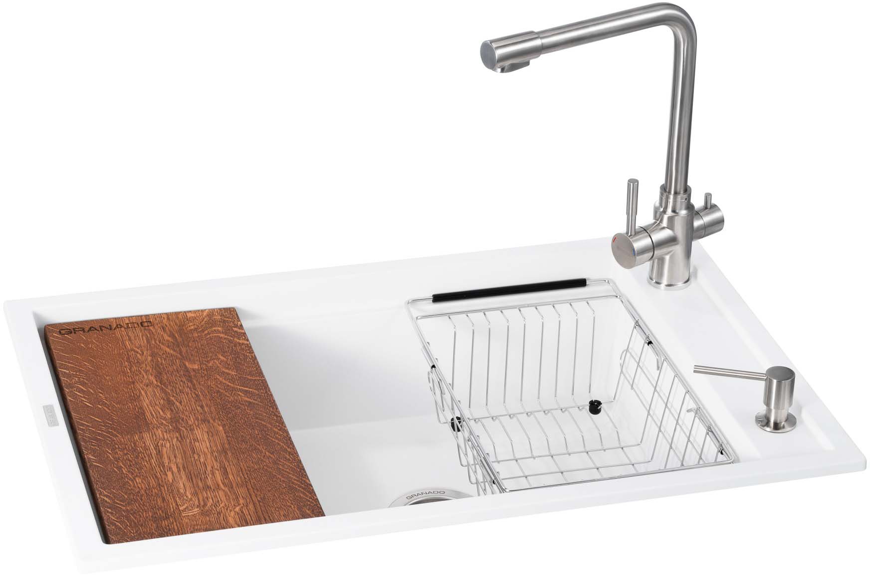 Мойка кухонная+смеситель GRANADO Optimal Estella white (+Badalona LUX inox + дозатор Redondo inox + корзина + доска) - Фото 1