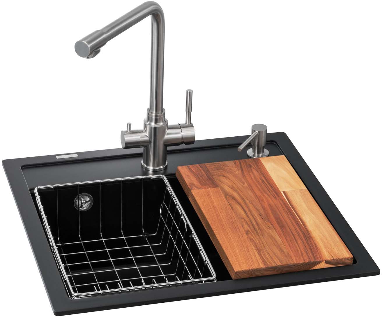 Мойка кухонная+смеситель GRANADO Optimal Lerida black shine (+ Badalona LUX inox + дозатор Redondo inox + корзина + доска) - Фото 1