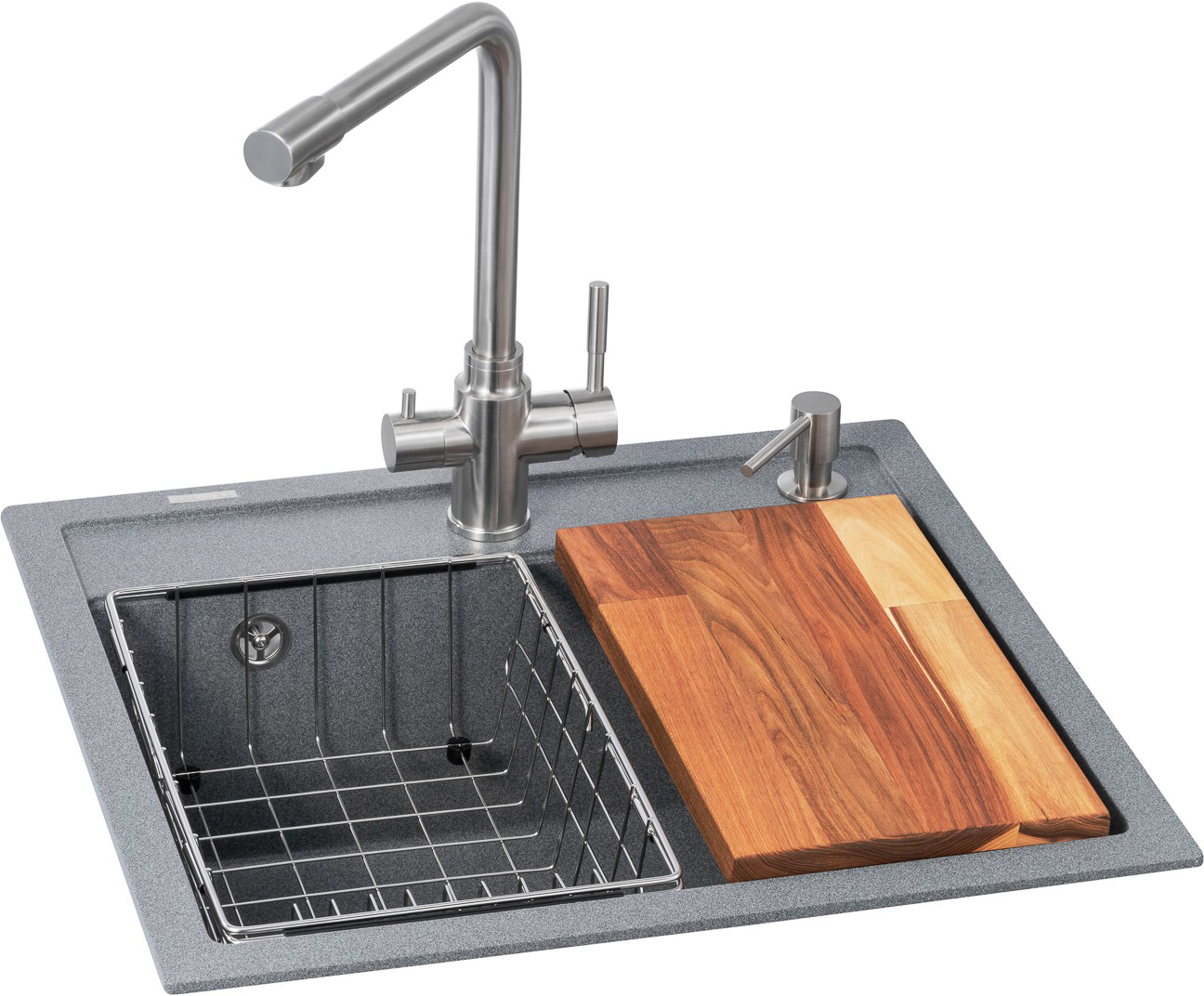 Мойка кухонная+смеситель GRANADO Optimal Lerida grafito (+ Badalona LUX inox + дозатор Redondo inox + корзина + доска) - Фото 1