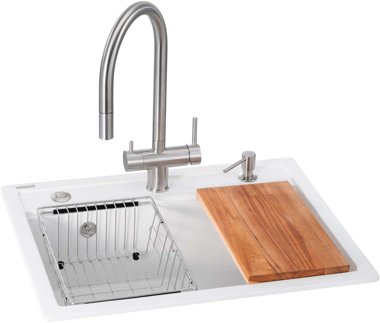 Мойка кухонная+смеситель GRANADO Royal Artes white (+ измельчитель Algar + Ferrol inox + дозатор Redondo inox + корзина + доска) - Фото 1