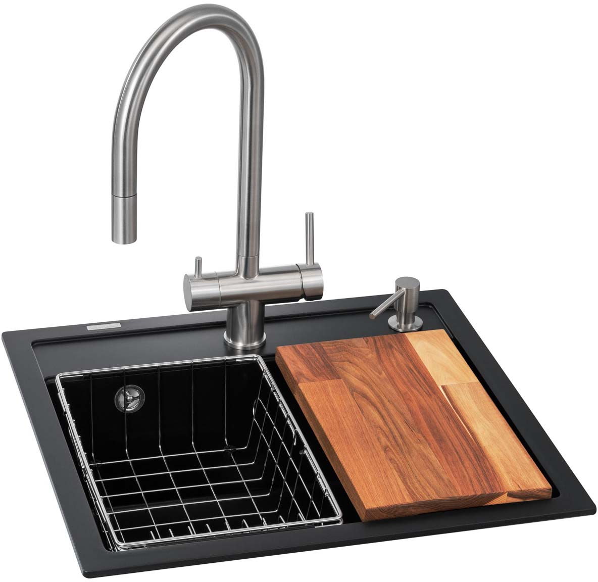 Мойка кухонная+смеситель GRANADO Royal Lerida black shine (+ измельчитель Algar + Ferrol inox + дозатор Redondo inox + корзина + доска) - Фото 1
