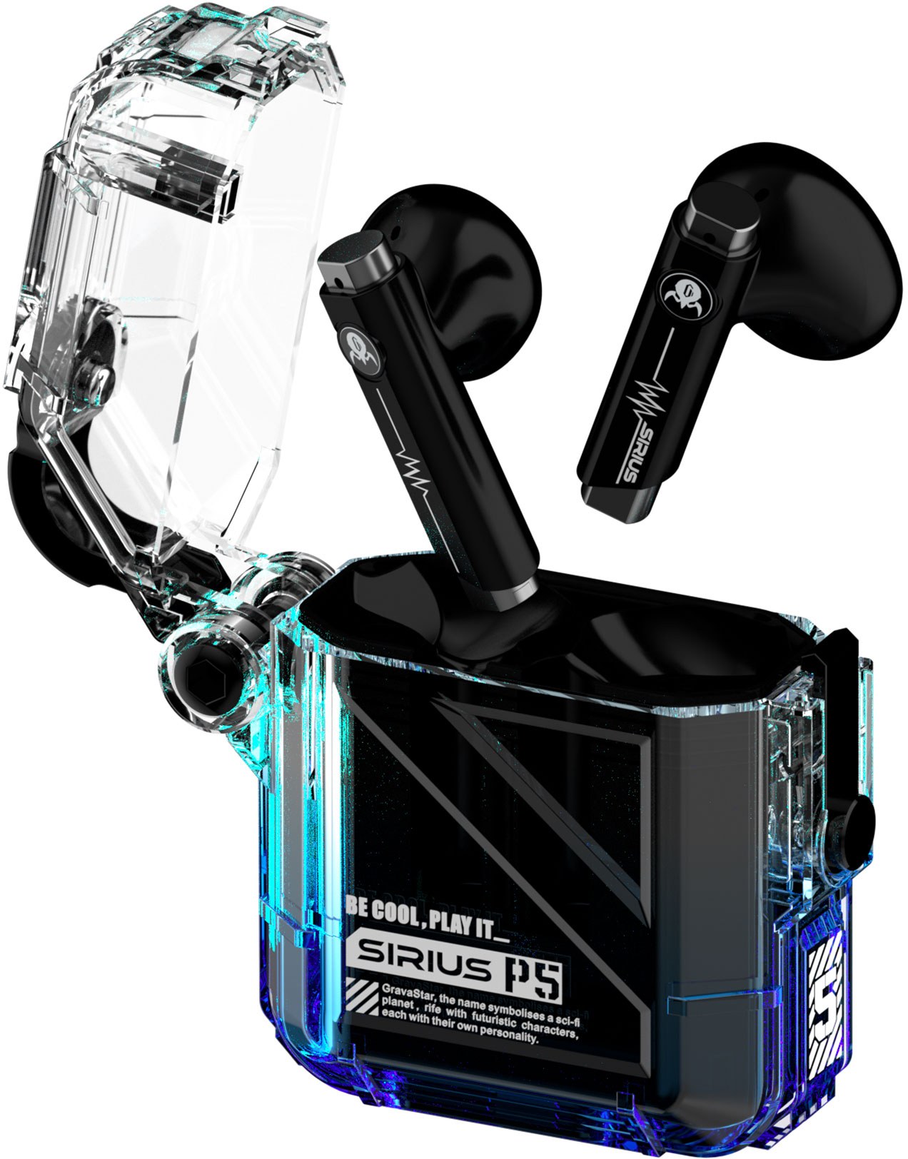 Наушники вкладыши беспроводные TWS GravaStar Sirius P5 Transparent Blue (GRAVASTARP5_XTAL_BLU_V2) - Фото 1