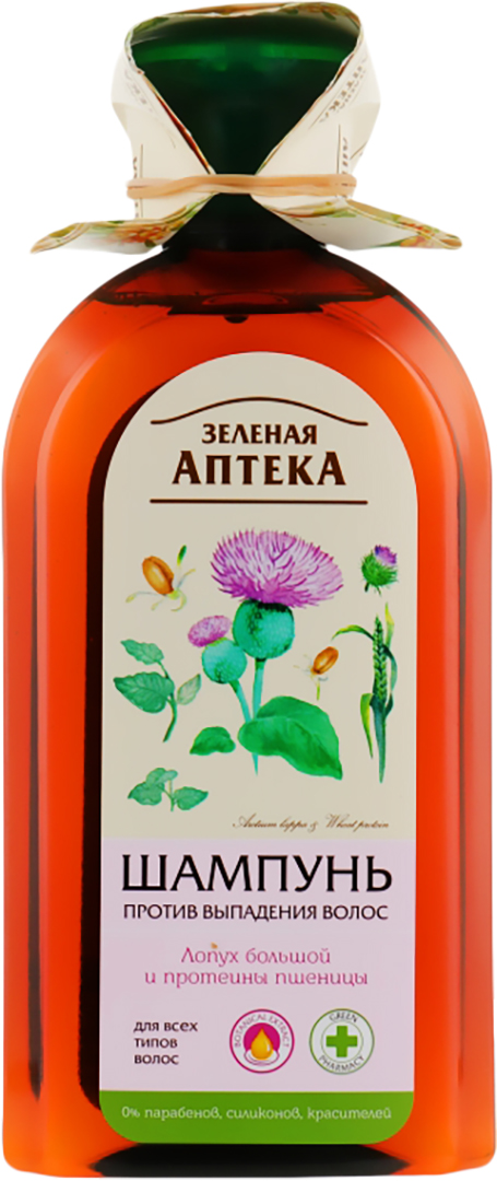 Шампунь жіночий Green Pharmacy проти випадіння волосся реп'ях та протеїни пшениц 350 мл (4823015904950) - Фото 1