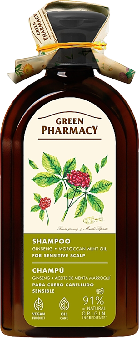 Шампунь жіночий Green Pharmacy Женьшень/марокканська м'ята для чутливої шкіри голови 350 мл (4823015945823) - Фото 1