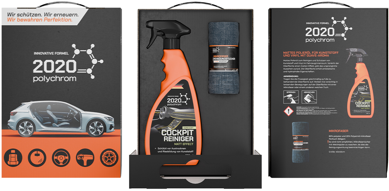 Полироль для авто Polychrom 2020 Carton Box SET Matte Cockpit care с ароматом гуавы 500 мл (микрофибра) ''COCKPIT REINIGER'' (1585) - Фото 1