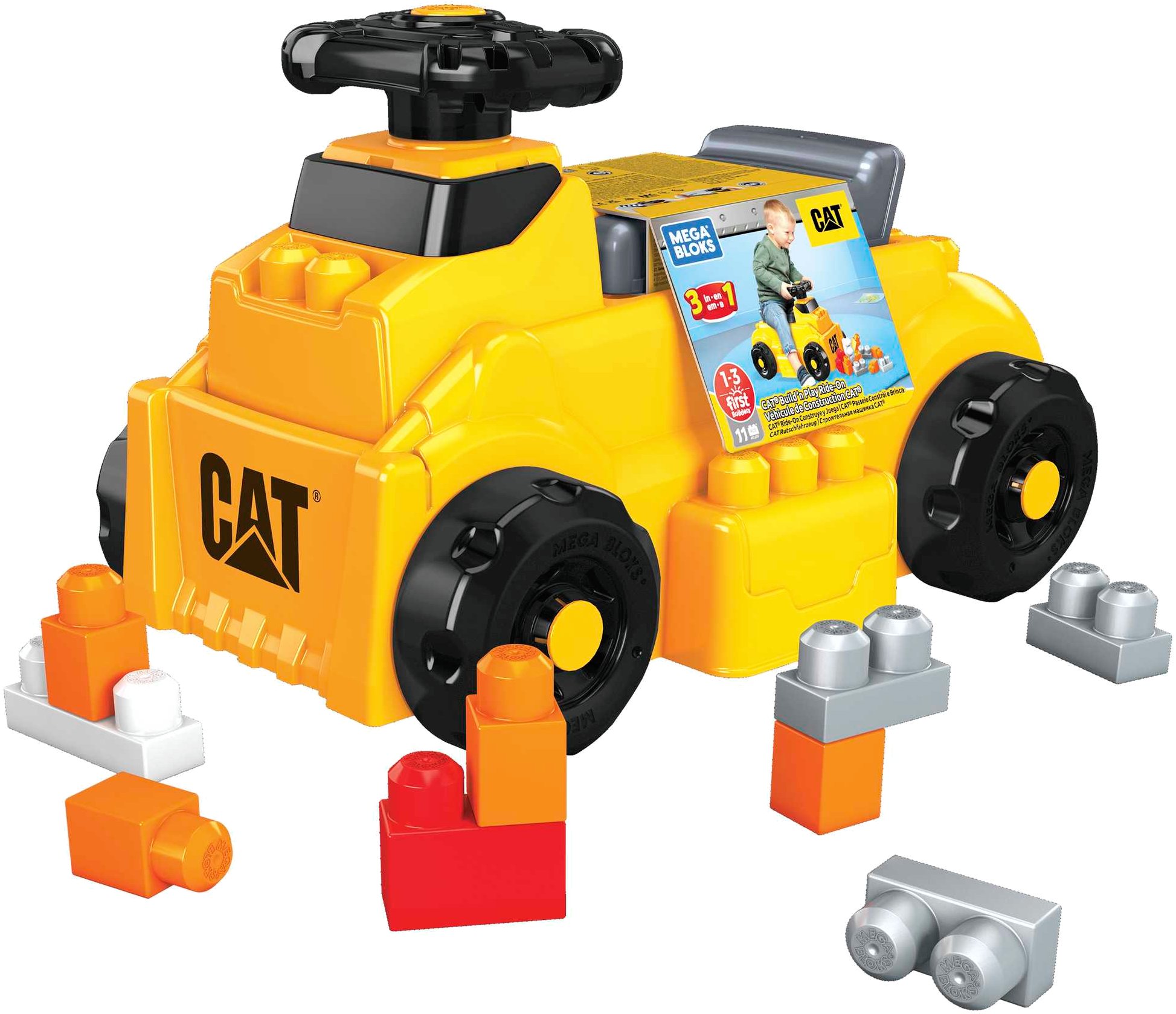 Пластиковый конструктор для малышей Mega Bloks Машинка-конструктор "Собираем кубики" CAT (HDJ29) - Фото 1