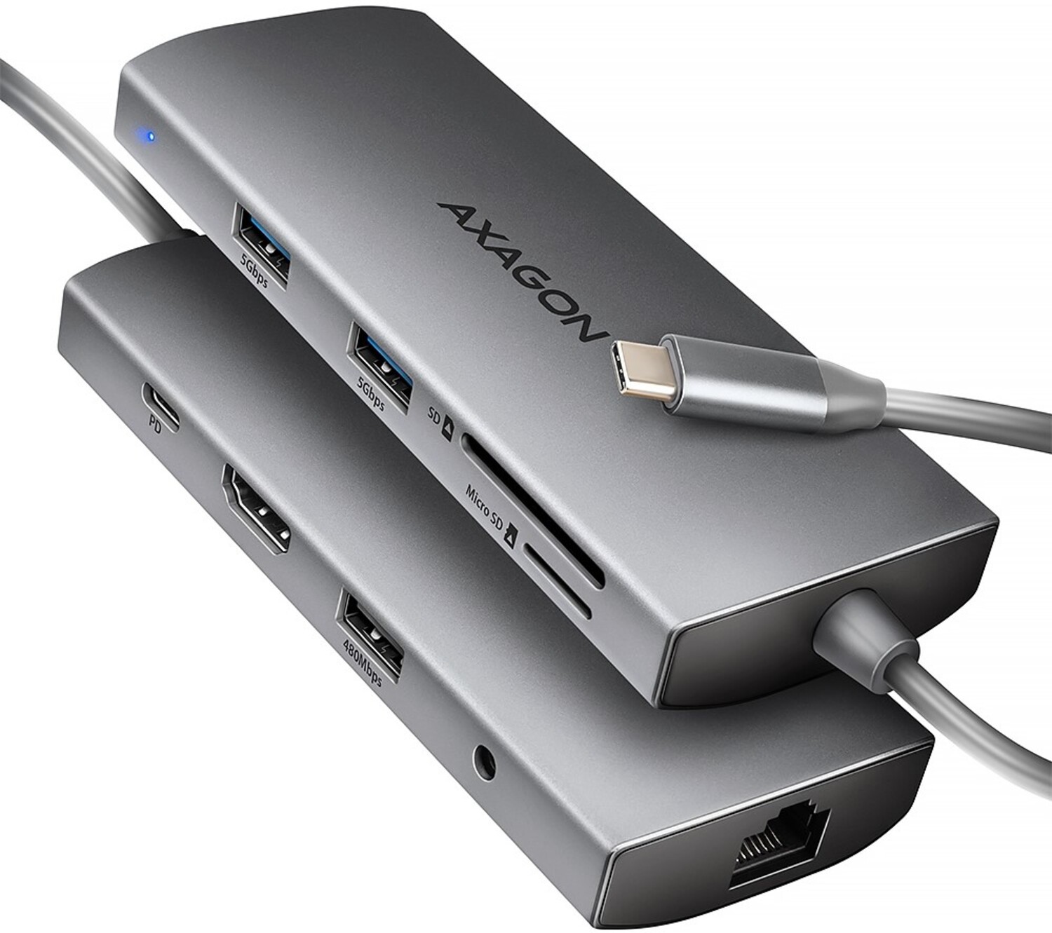 Хаб USB AXAGON USB-C 5Gbps 9in1 Grey (HMC-8HLSA) - Фото 1