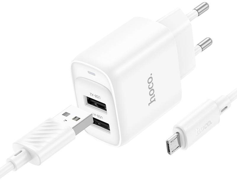 Мережевий зарядний пристрій HOCO C141A Smart dual-port charger set(Micro) White (6942007627894) - Фото 1