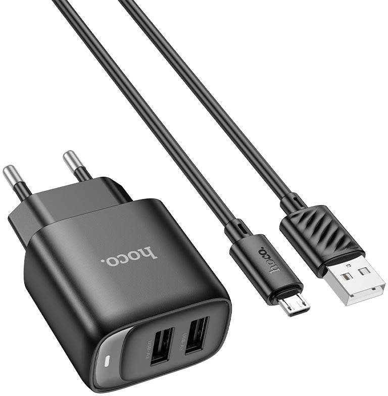 Мережевий зарядний пристрій HOCO C141A Smart dual-port charger set(iP) Black (6942007627863) - Фото 1