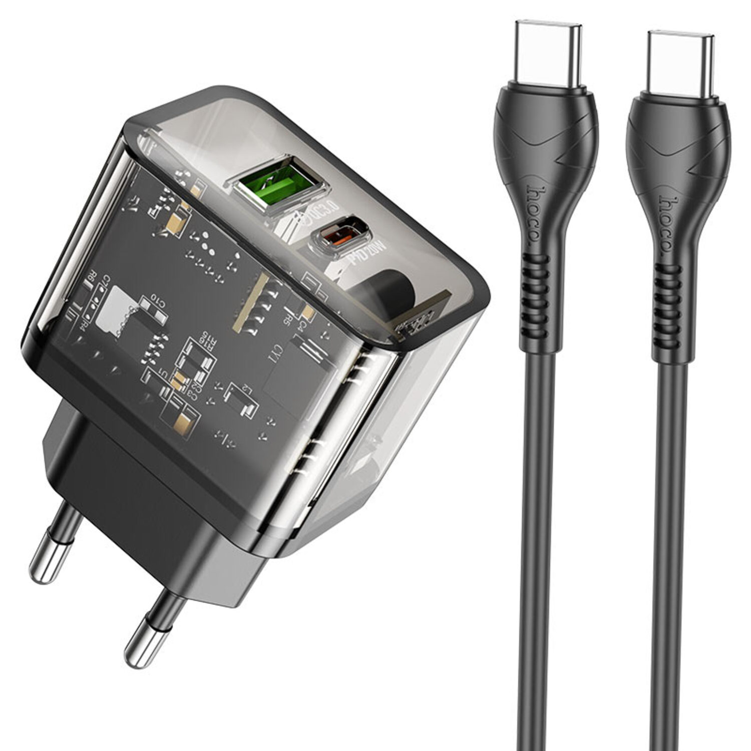 Сетевое зарядное устройство HOCO N34 PD20W+QC3.0 Type-C Transparent Black (6931474799180) - Фото 1