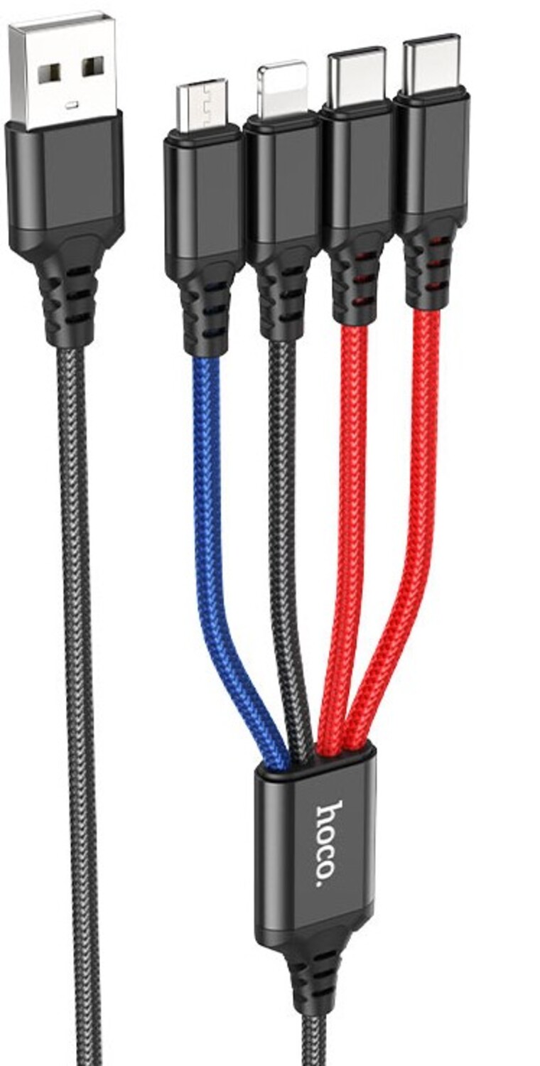 Кабель синхронізації даних HOCO X76 USB to iP+Type-C+Type-C+Micro 2A, 1m Black+Red+Blue (6931474768650) - Фото 1