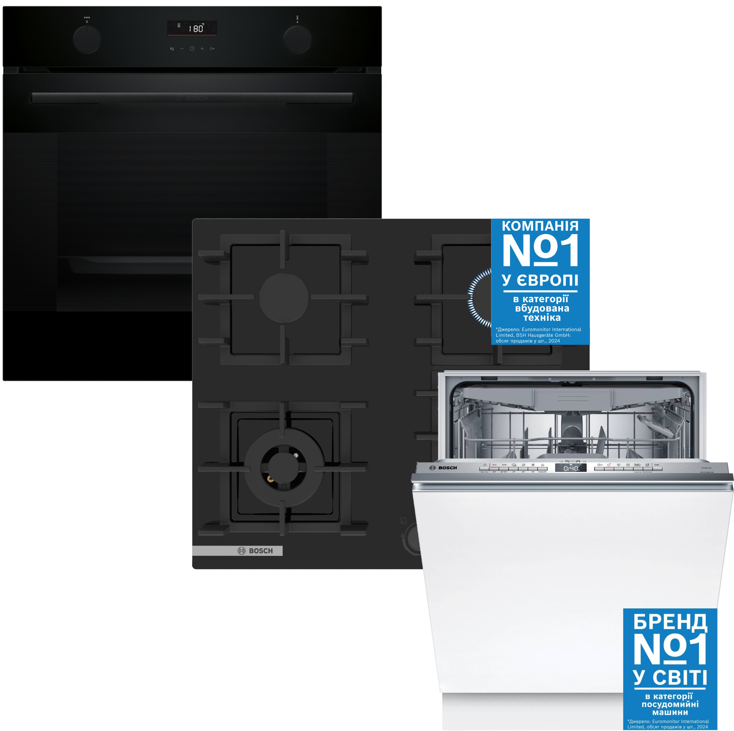 Комплект техники Bosch Духовой шкаф + Варочная панель + Посудомоечная машина встраиваемая Bosch HUA736EA0T + PNK6B6P40R + SMV4HVX00K