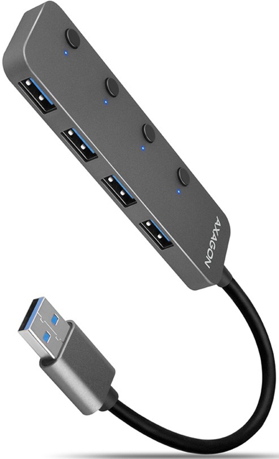 Хаб USB AXAGON SuperSpeed USB-A SWITCH CHARGING function, 20 см USB-A cable, Silver (HUE-MSA) - Фото 1