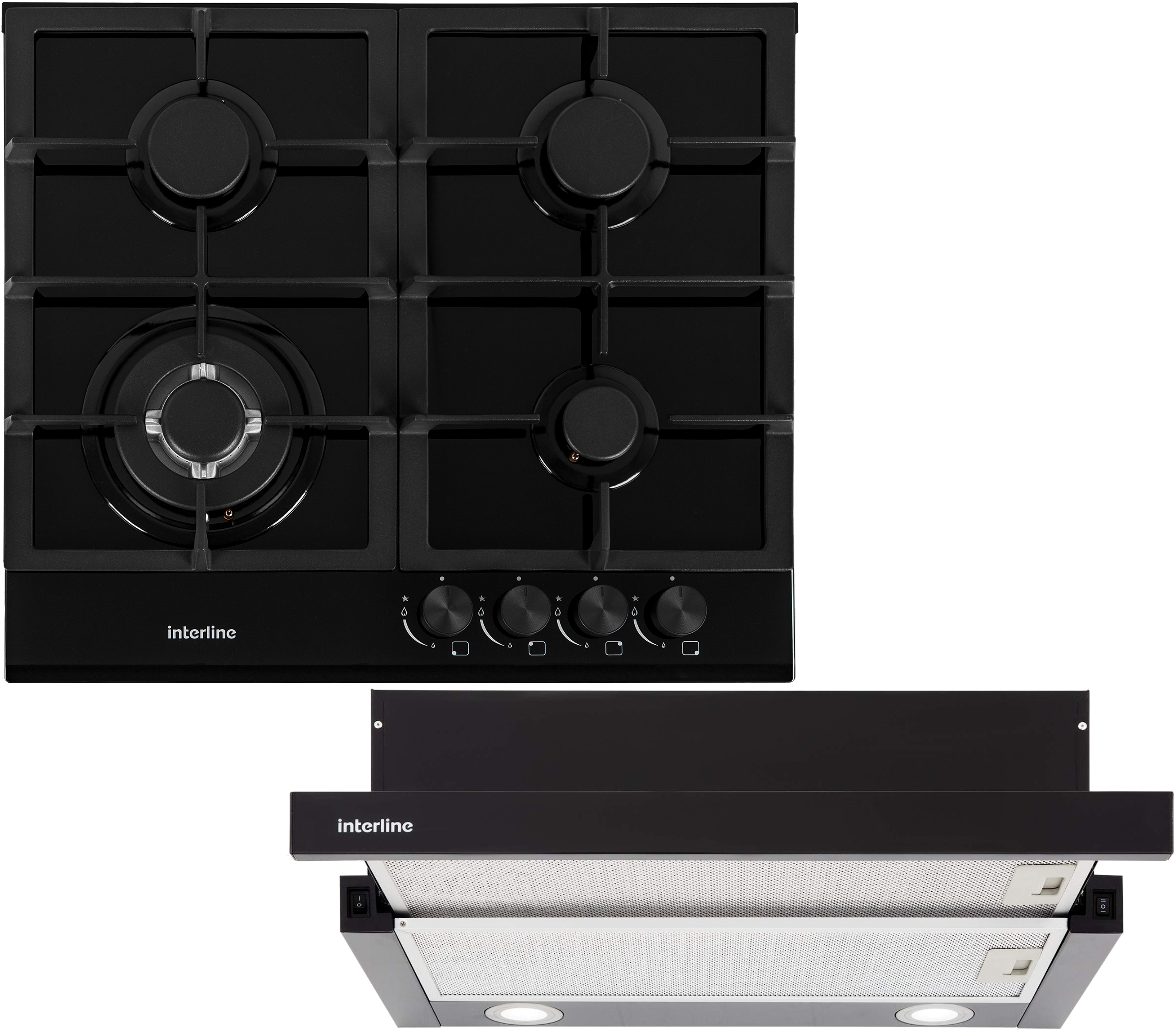 Комплект техніки Interline Варильна поверхня + Витяжка вбудована Interline HGG 764 FGT BA + DELI BL A/60/2/T - Фото 1