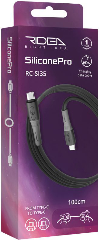 Кабель синхронизации данных Ridea SiliconePro Type-C to Type-C 60W Black (RC-SI35) - Фото 1