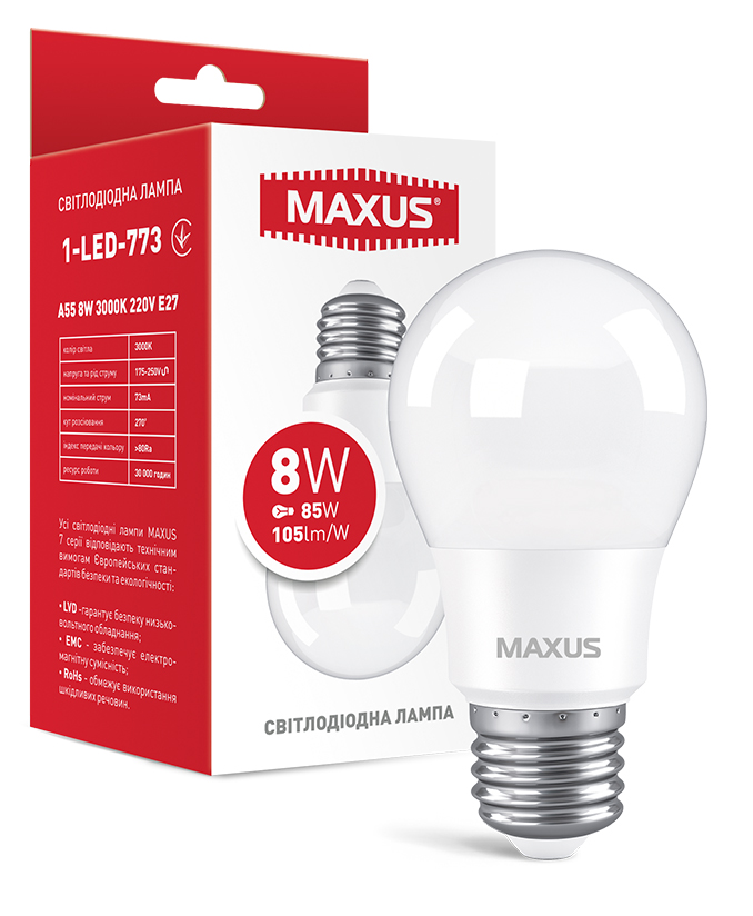 Лампочка светодиодная Maxus A55 8W 3000K 220V E27 (1-LED-773) - Фото 1