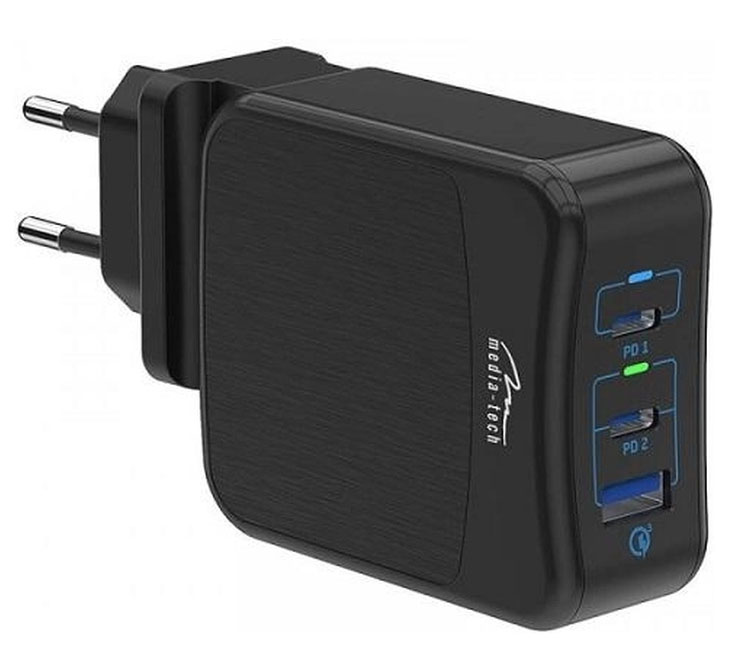 Сетевое зарядное устройство Media-Tech 2xUSB-C PD 65W, USB QC 3.0 (MT6252) - Фото 1