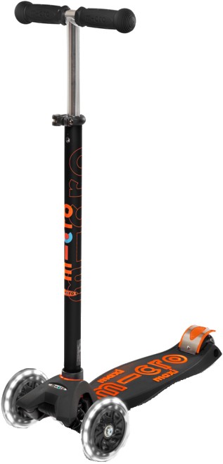 Трёхколёсный самокат Micro "Maxi Deluxe LED" – ЧЕРНО-ОРАЖЕННЫЙ (до 50 кг, трехколесный, свет) (MMD143) - Фото 1