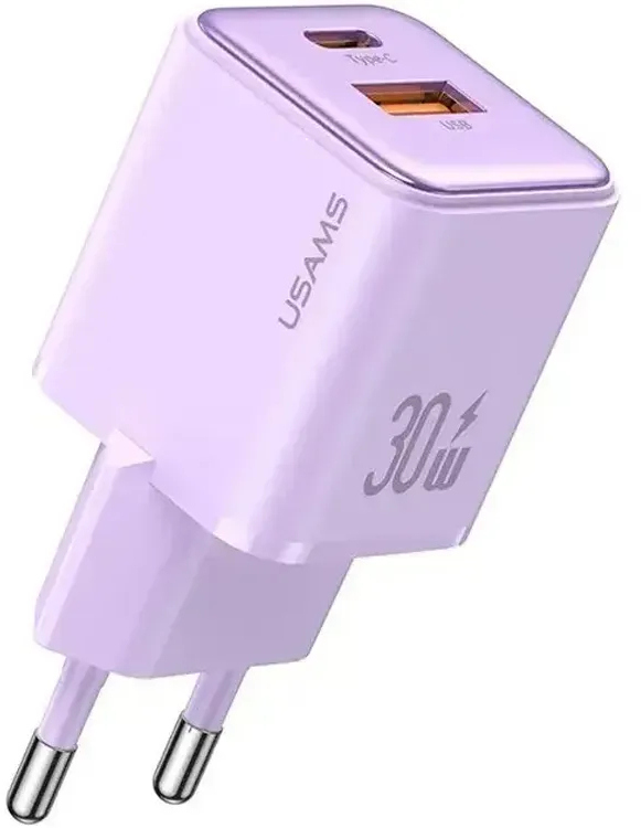 Сетевое зарядное устройство Usams US-CC189 USB+USB-C 30W Fast Charging Violet (CC189TC03) - Фото 1