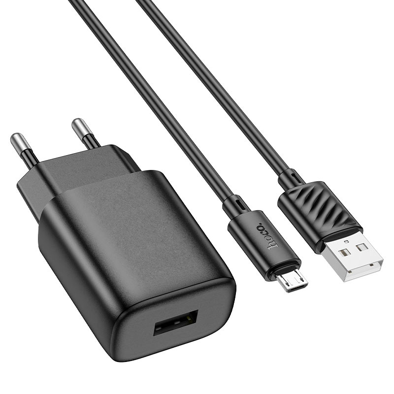 Сетевое зарядное устройство HOCO C134A Solid single-port charger set (Micro) (EU) Black (6942007621335) - Фото 1