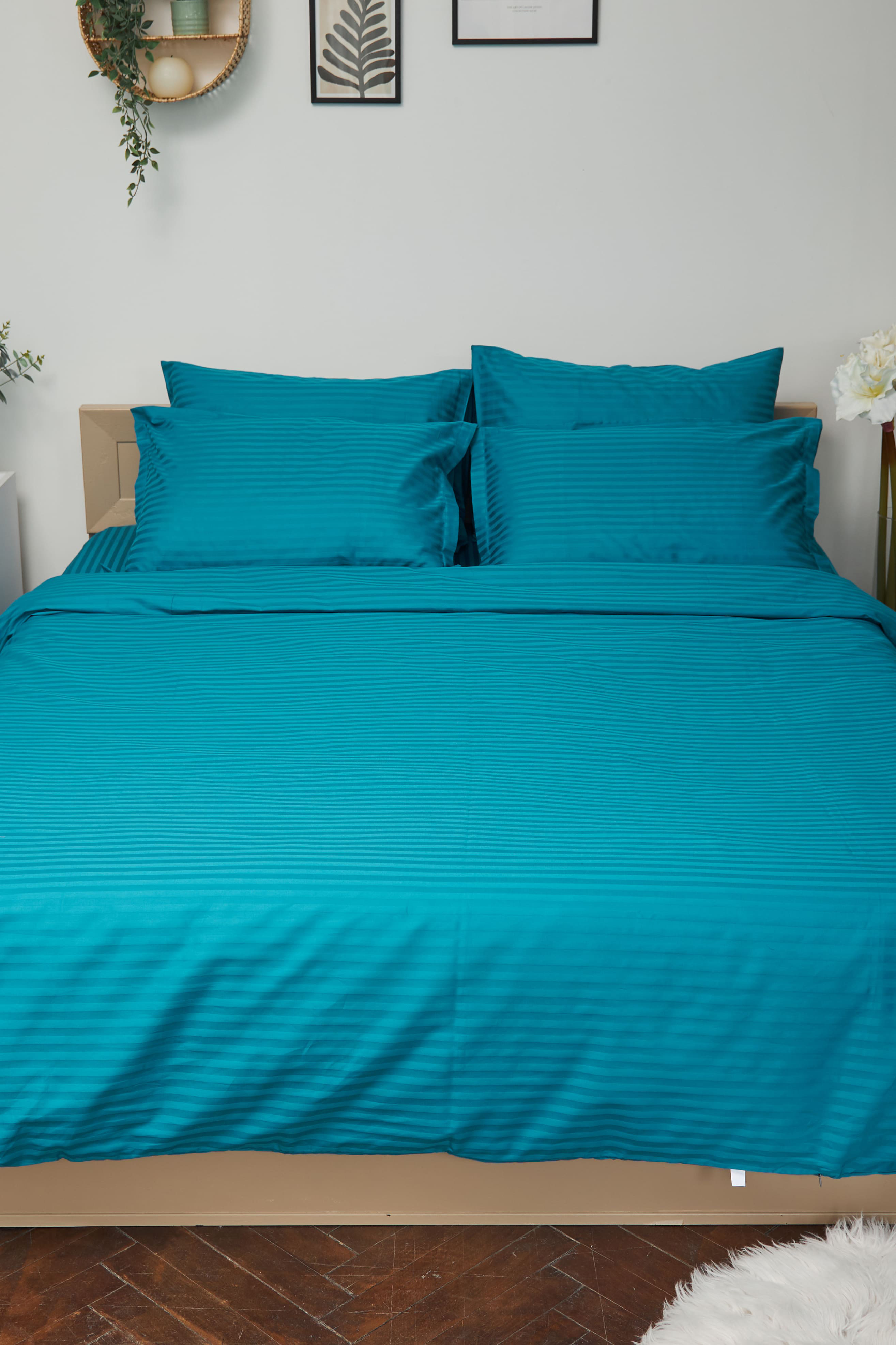 Комплект постільної білизни Moon&Star 175х210 см нав. 2х40х60 Turkish Blue Satin Stripe (MS-820000635) - Фото 1