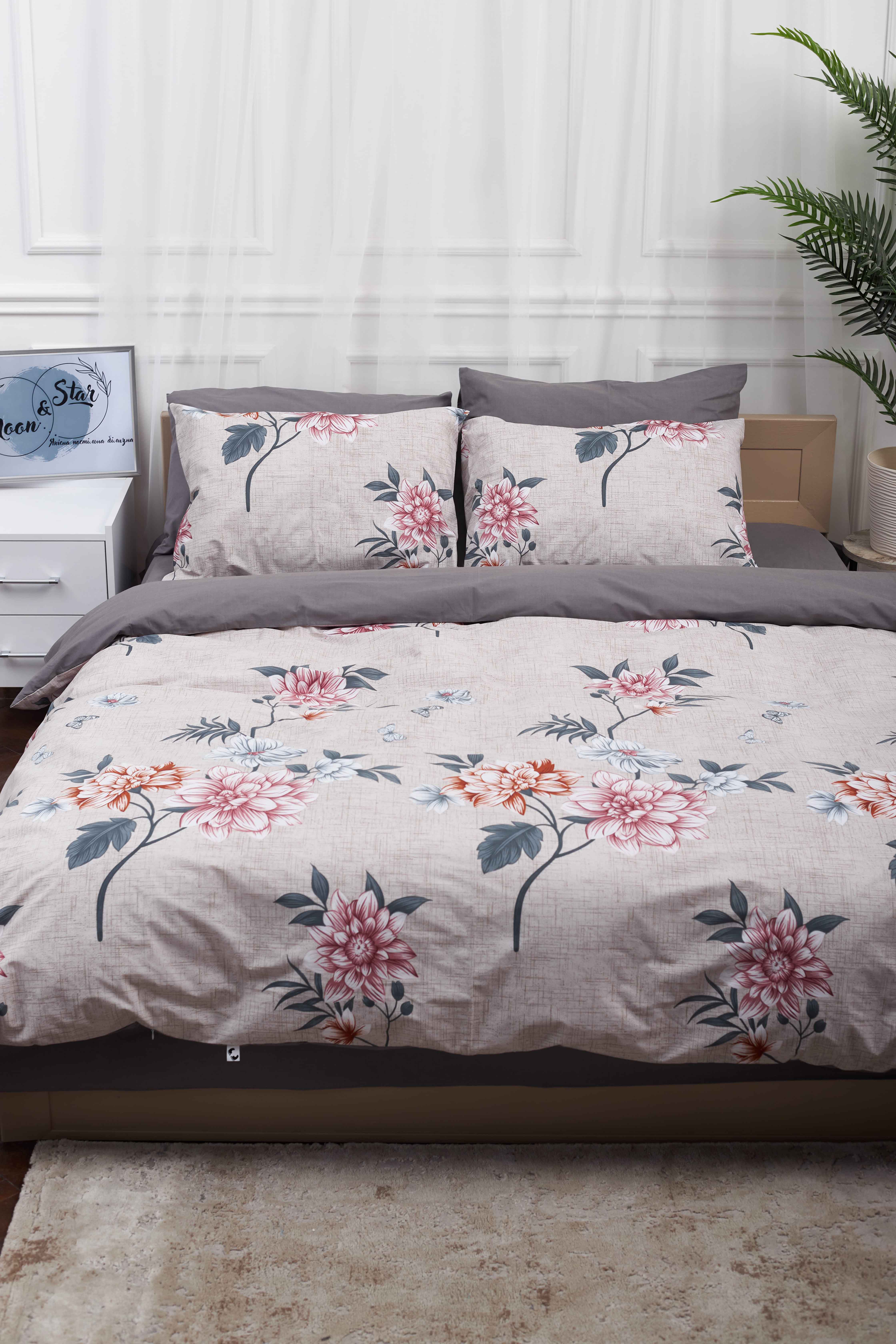 Комплект постельного белья Moon&Star 143х210х2 нав. 4х50х70 Flowers Gray Бязь Gold Люкс (MS-820001038) - Фото 1
