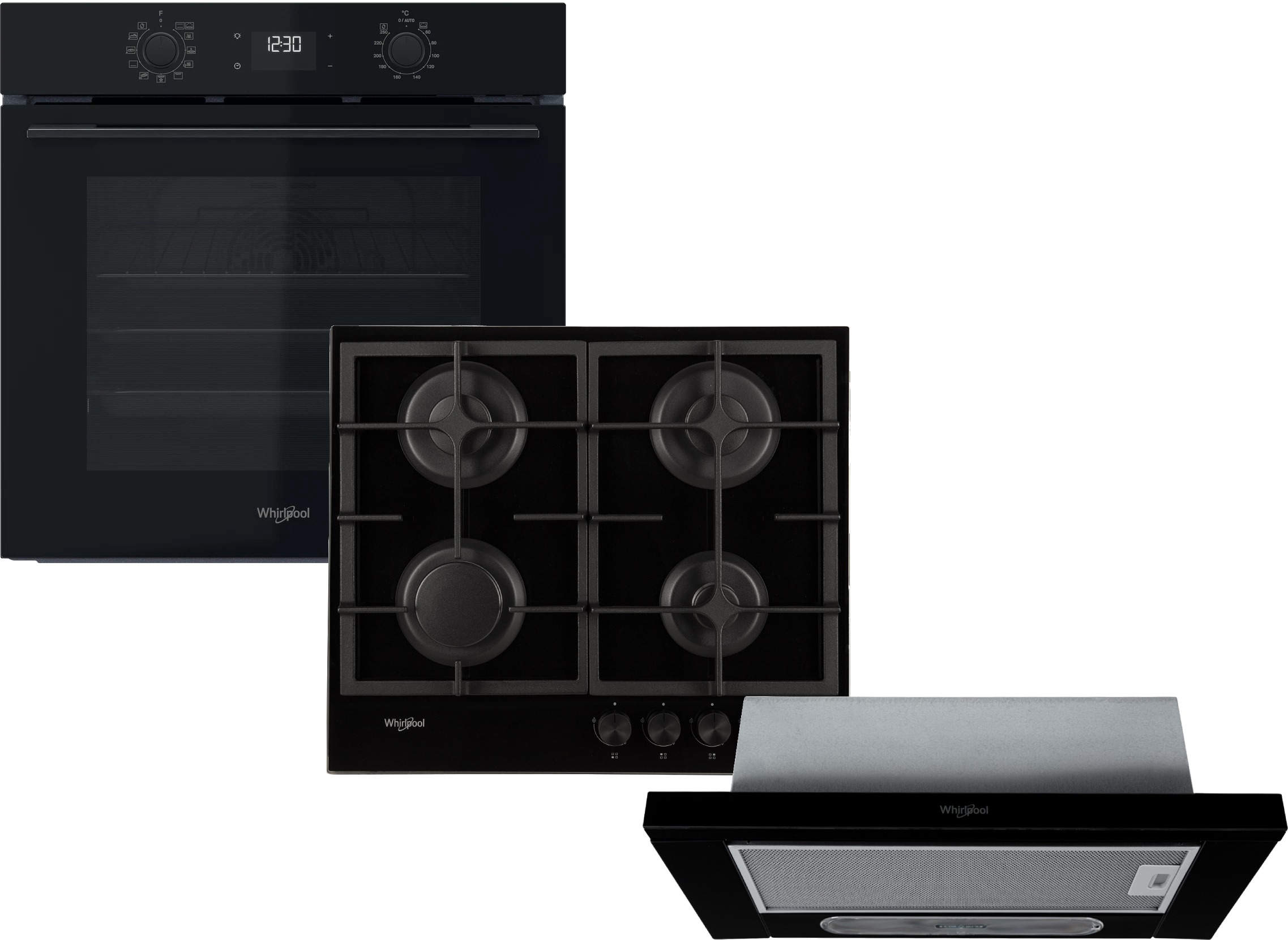 Комплект техники Whirlpool Духовой шкаф + Варочная панель + Витяжка встраиваемая Whirlpool OMK58HU1B + GOS 6415/NB1 + AKR750GK