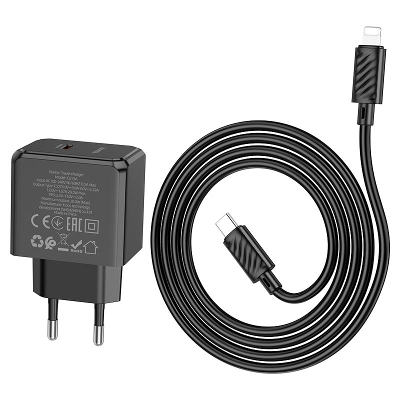 Сетевое зарядное устройство HOCO CS13A PD20W charger set(C to iP) Black (6942007603829) - Фото 1