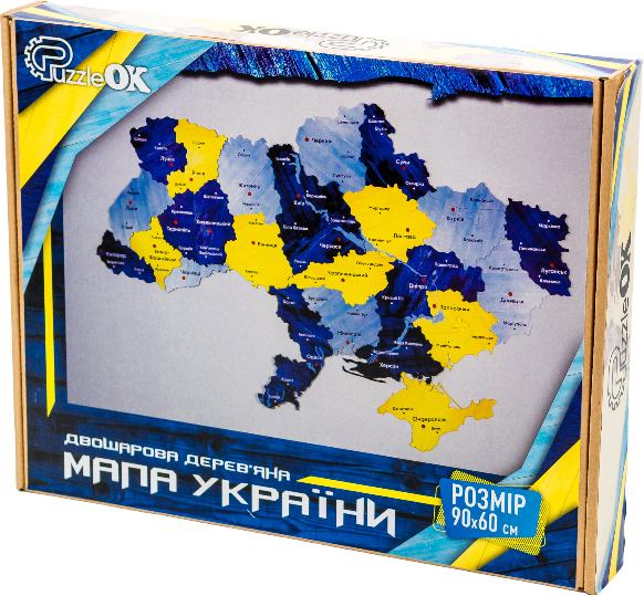 Пазли дерев'яні (8+) PuzzleOk Мапа України двошарова дерев'яна, настінна, синьо-жовта (60906) - Фото 1