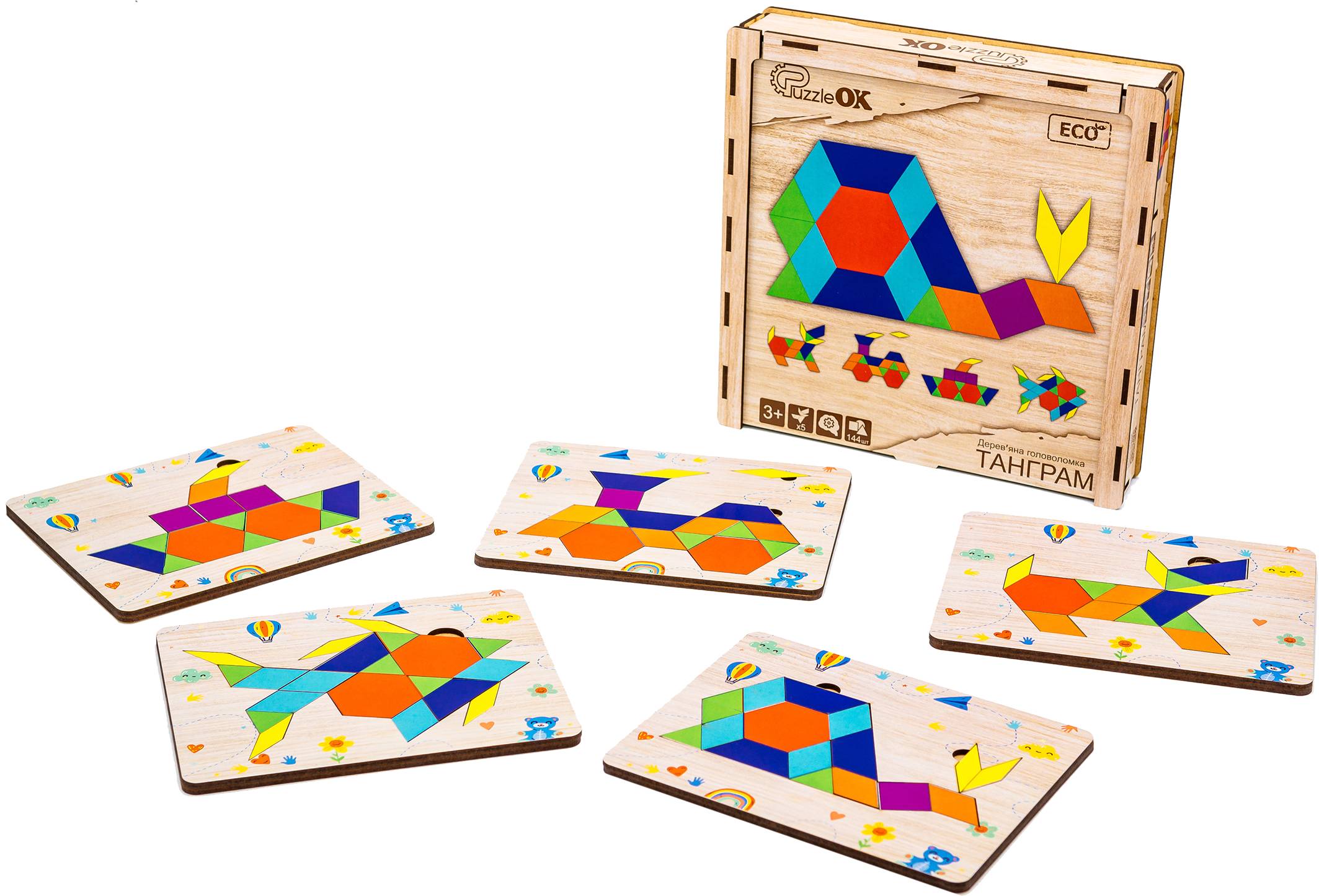 Головоломка из дерева PuzzleOk набор "Танграм" 5 рисунков в дер. упаковке (Puz-33654) - Фото 1