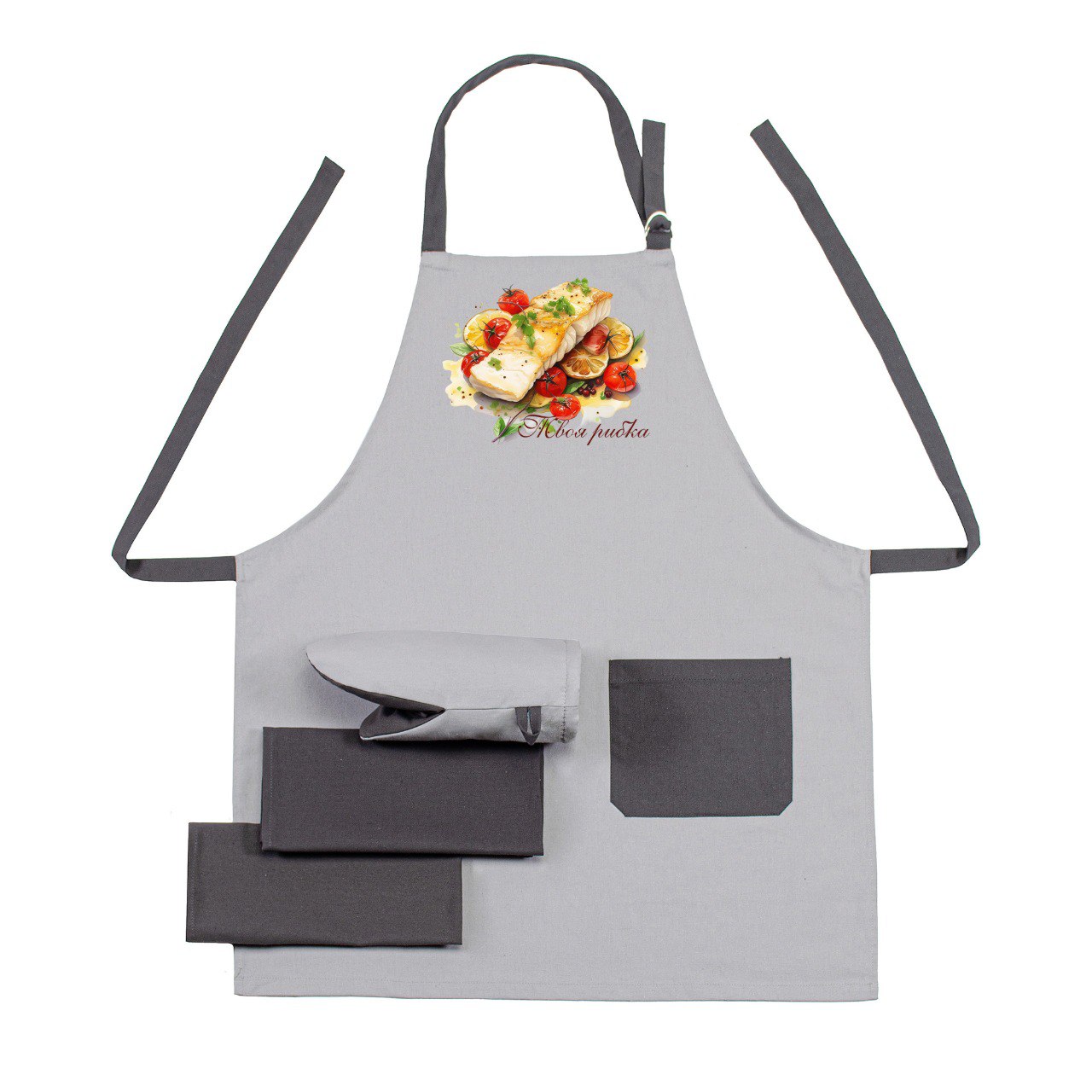 Купить Набор фартук + прихватка Home Line Полупанама ''Твоя рыбка'' + полотенце 40х60 – 2 шт. (195580) - Фото 1 Набор фартук + прихватка Home Line Полупанама ''Твоя рыбка'' + полотенце 40х60 – 2 шт. (195580) - Фото 1