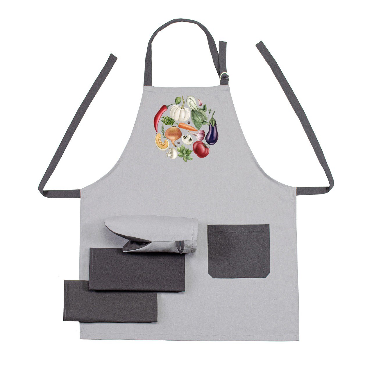 Купить Набор фартук + прихватка Home Line Полупанама ''Овощная феерия'' + полотенце 40х60 – 2 шт. (195583) - Фото 1 Набор фартук + прихватка Home Line Полупанама ''Овощная феерия'' + полотенце 40х60 – 2 шт. (195583) - Фото 1