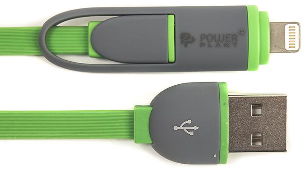 Кабель синхронизации данных PowerPlant Quick Charge Flat USB 2.0 AM - Lightning/Micro 2m Green (CA910502) - Фото 1